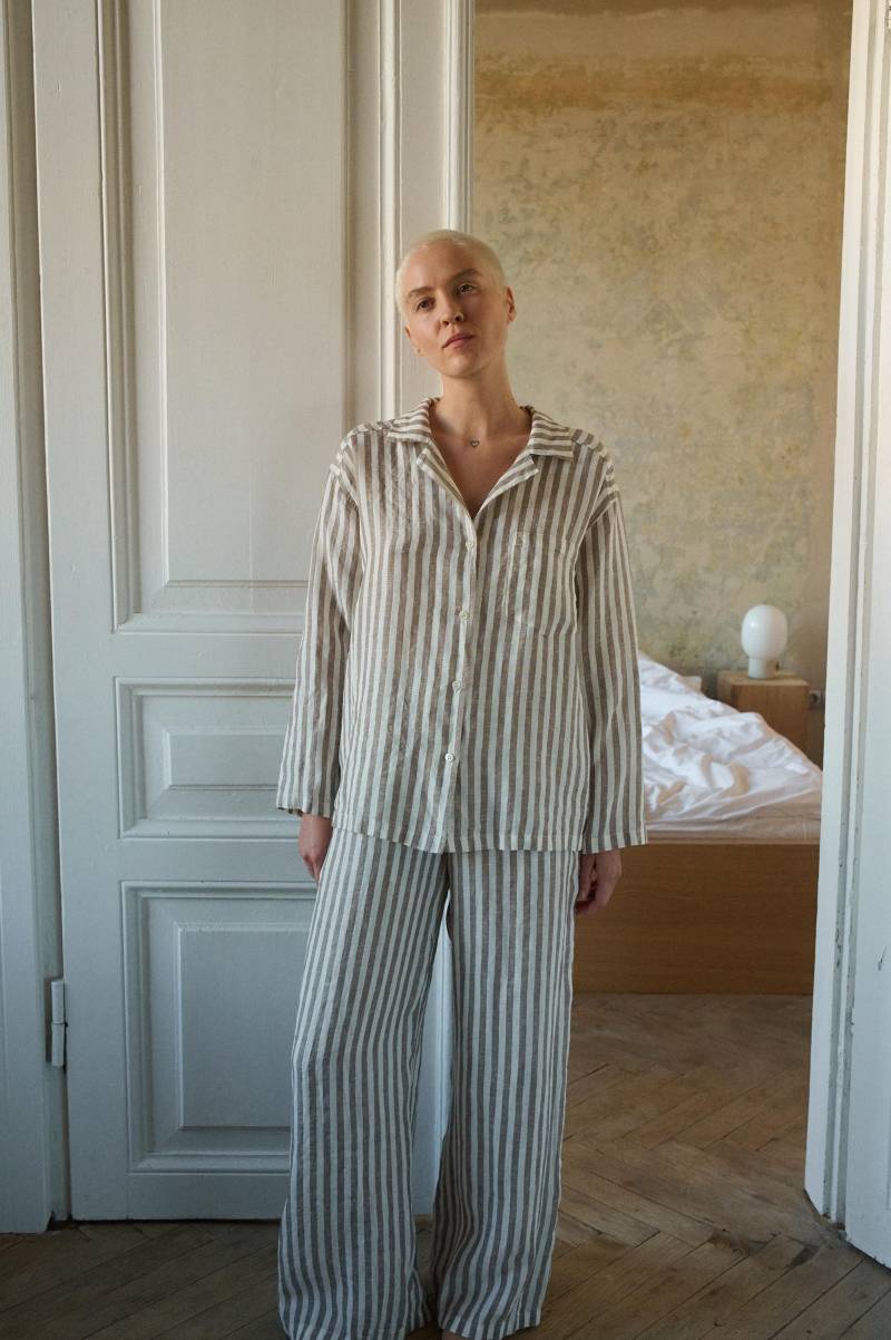 Pyjamahose - Leinenhose Gestreifte Pyjama Nachtwäsche Cacao Stripes Streifen Leinen von Linenfox