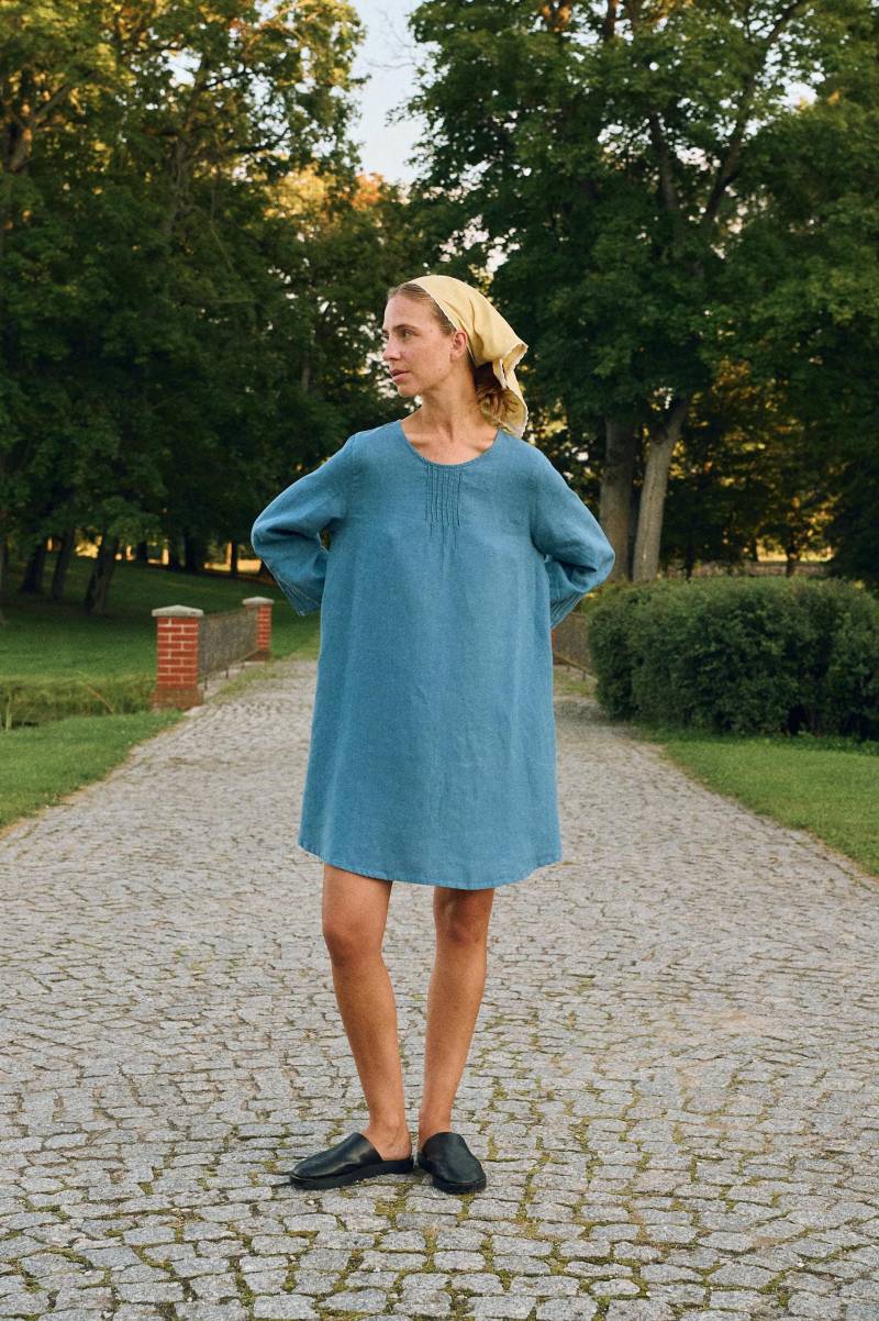 Roni Stellar Blaues Leinenkleid - A-Linien-Kleid Oversized-Kleid Lockeres Sommer-Leinenkleid Midikleid von Linenfox