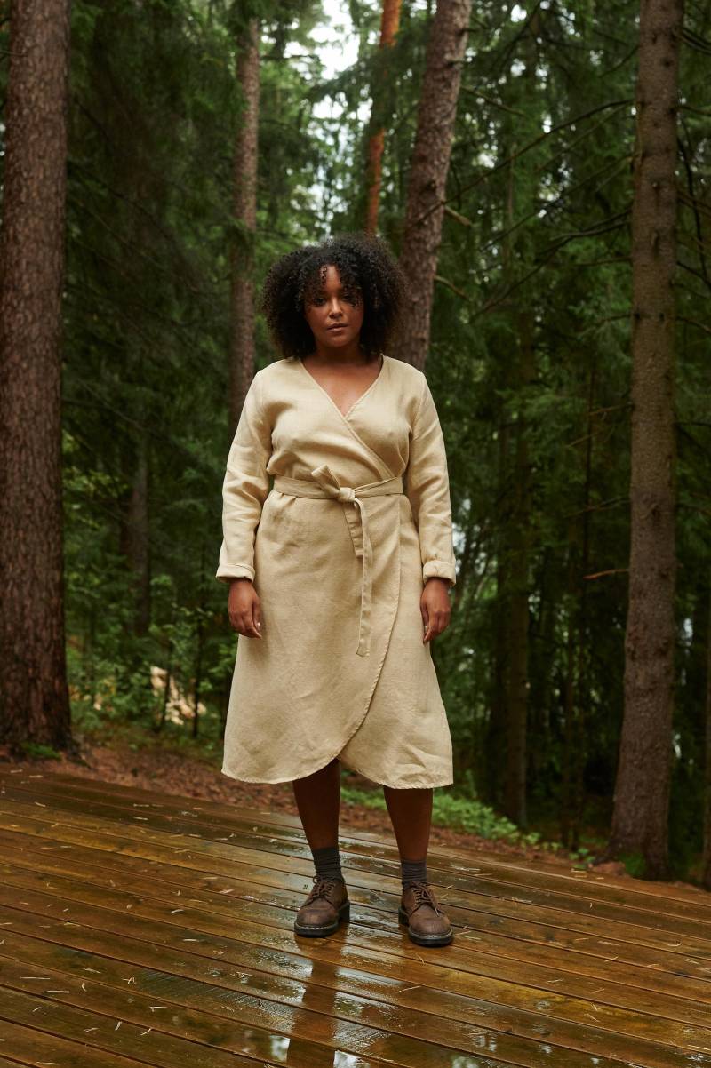Rockfertig - Rosmarin Beige Leinen-Wollmischung Wickelkleid Winter Leinen-Wollkleid Wollkleid Kleid Für Den Herbst von Linenfox