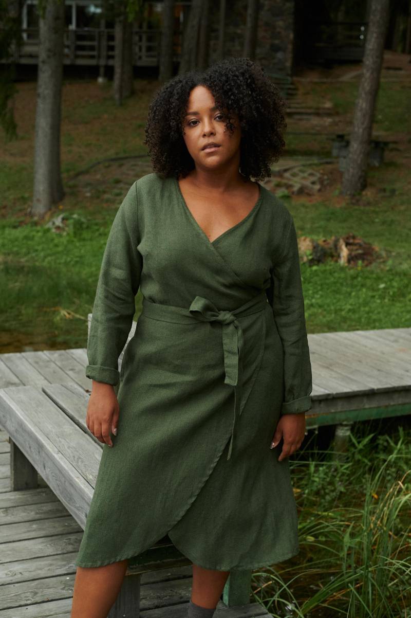 Rockfertig - Rosmarin Grün Leinen Wollgemisch Kleid Wickelkleid Aus Winter Wollkleid Für Den Herbst von Linenfox