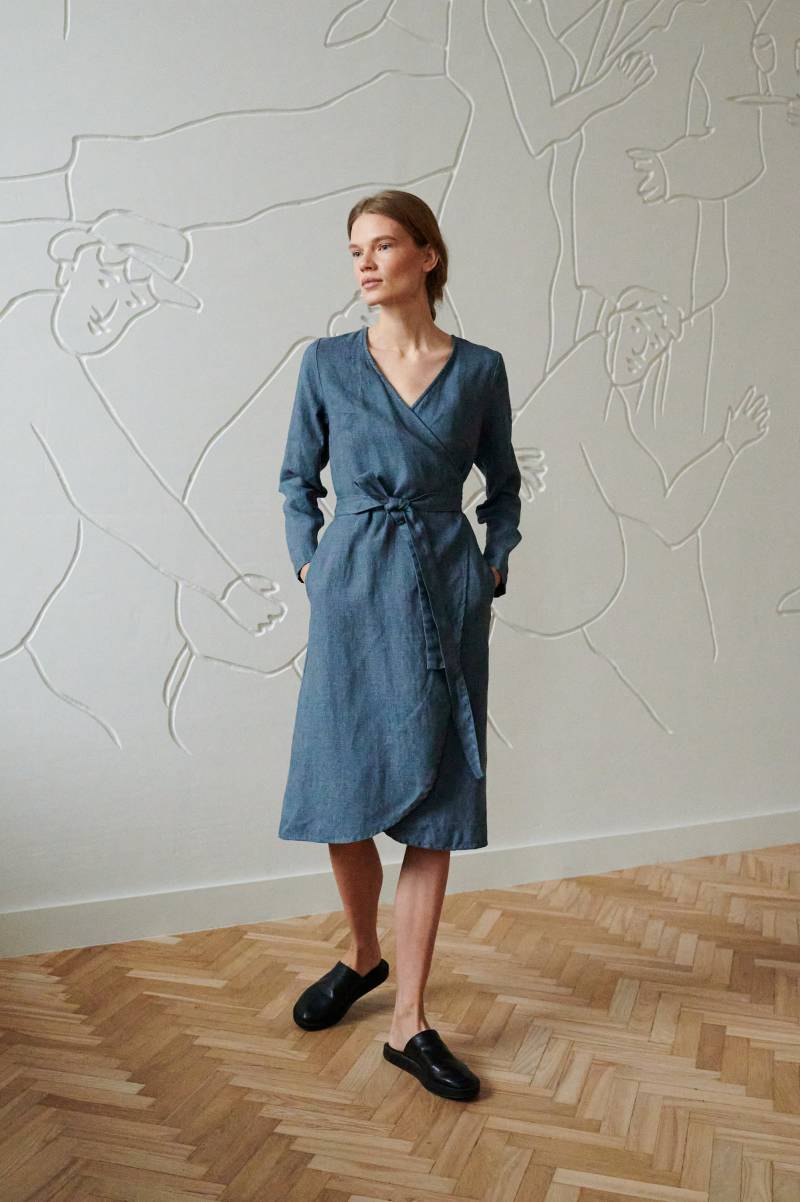 Rockfertig - Rosmarinblaues Leinen-Wollgemisch Wickelkleid Winter-Wollkleid Leinenkleid von Linenfox