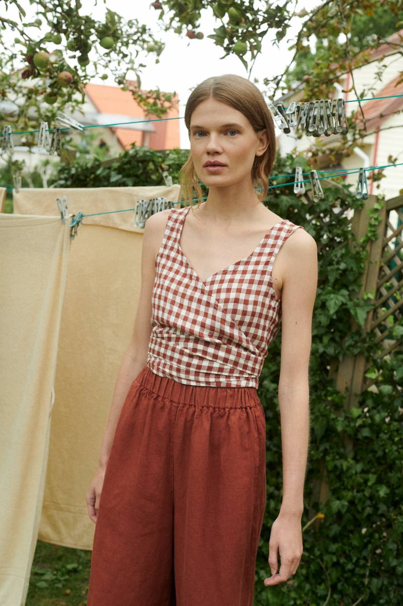 Soja Terracotta Gingham Leinen Wrap Top - Wickeltop Crop Wickelbluse von Linenfox