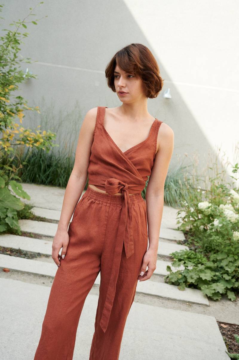 Soja Terracotta Wickeltop - Crop Top Wickelbluse Aus Leinen von Linenfox