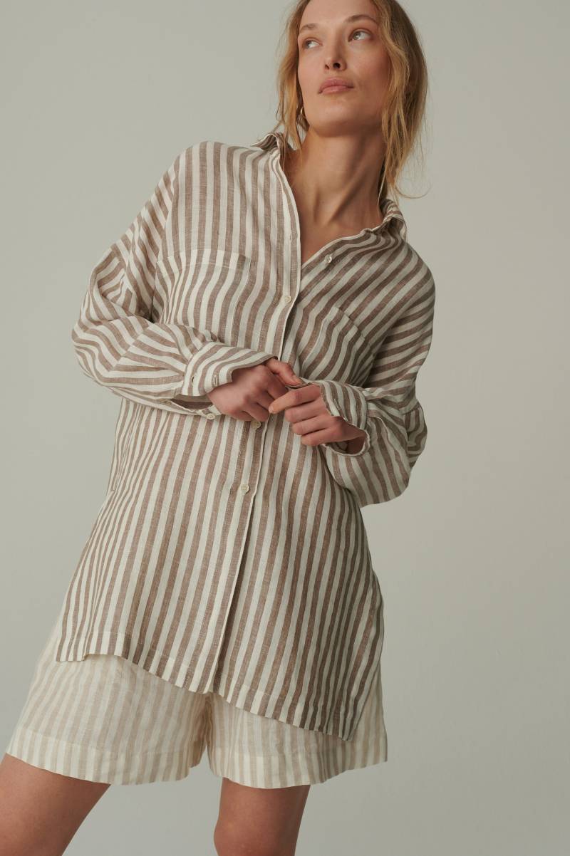 Fertig Versandfertig - Vika Gestreiftes Leinenhemd Gewaschenes Hängeschulterhemd Oversized von Linenfox