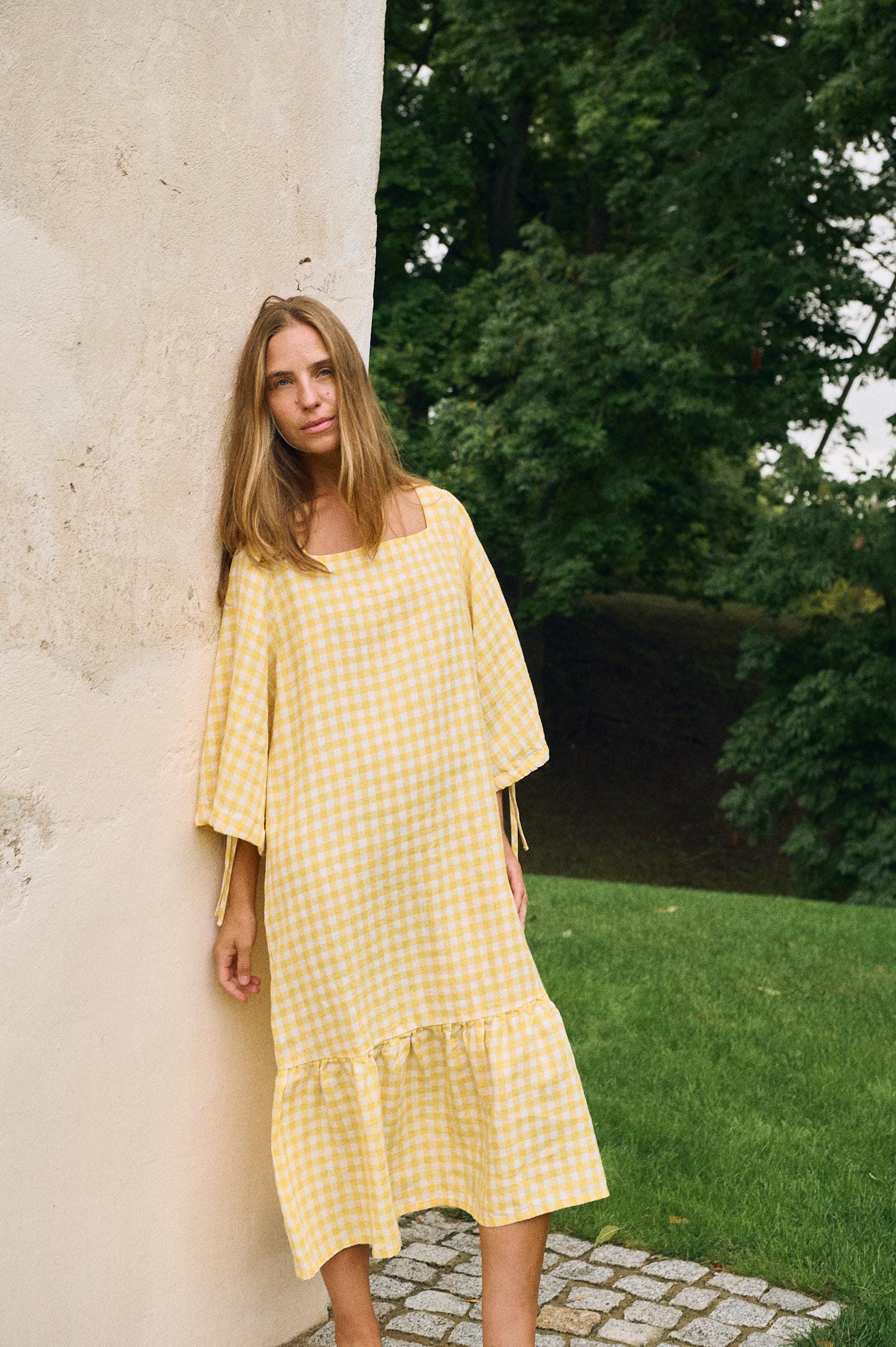 Vilte Gelbes Vichy-Leinenkleid - Leinenkleid Rüschenrock Sommerkleid Oversized Schickes Weiches Leinenkleid-Weite Ärmel von Linenfox