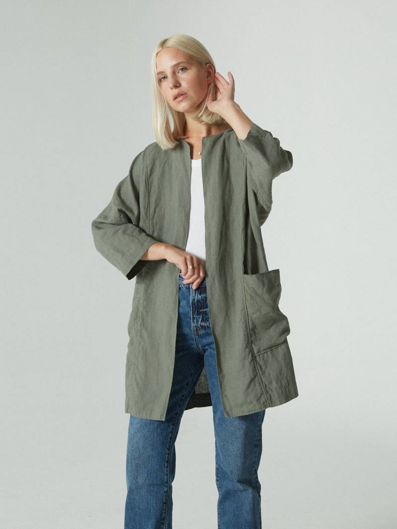 Wacholdergrüne Jacke - Leinenjacke Leinenmantel Übergroße Leinenstrickjacke Minimale von Linenfox