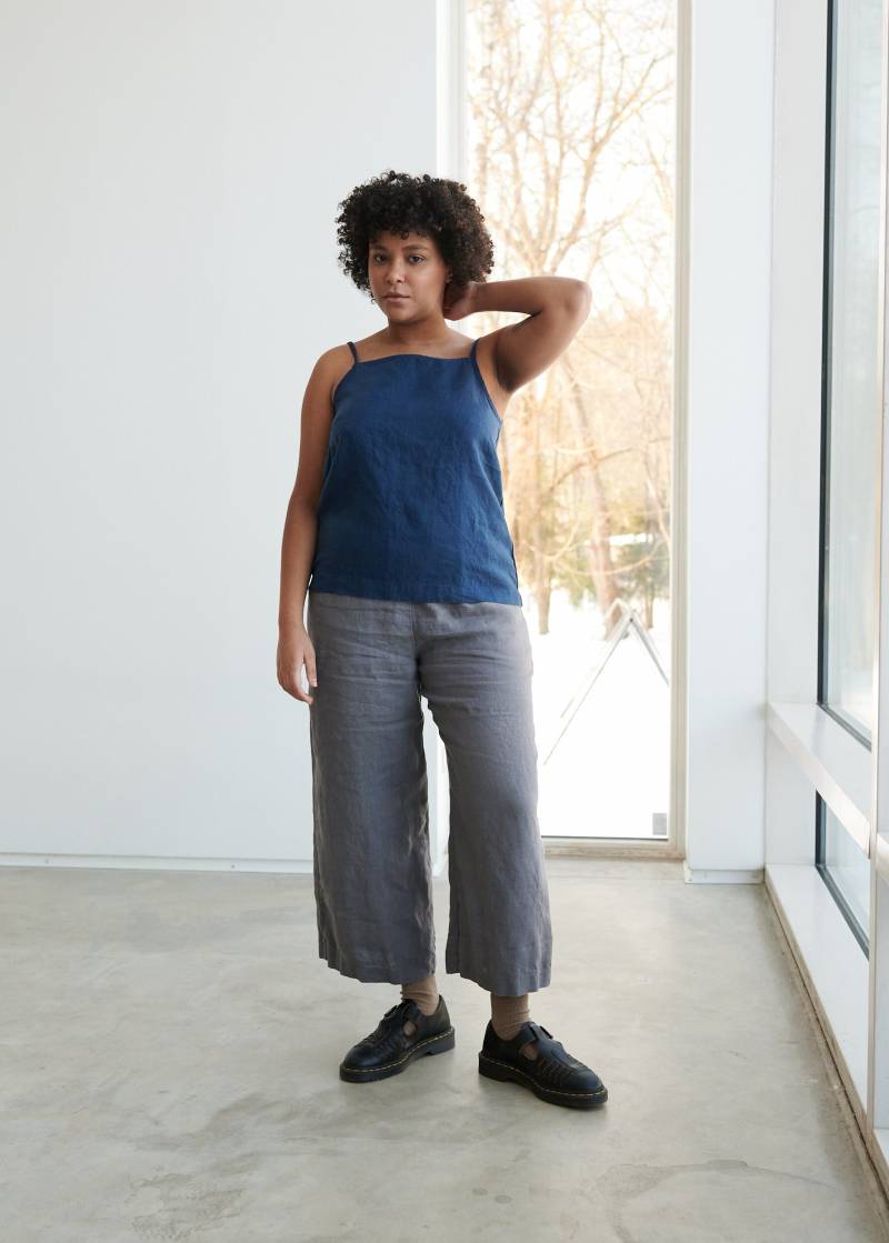 stella Marineblaues Top - Leinen Bluse Basic Spaghetti-Träger von Linenfox