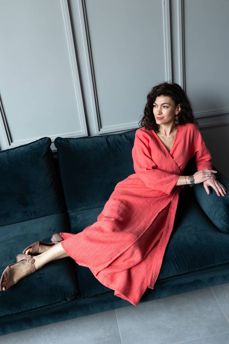 Leinen Wickelkleid, Sommer Leinenkleid, Tiefen V Kleid, Langes Bio Maxi Kleid Plus Größe, Kimono Tamara von Linenlara