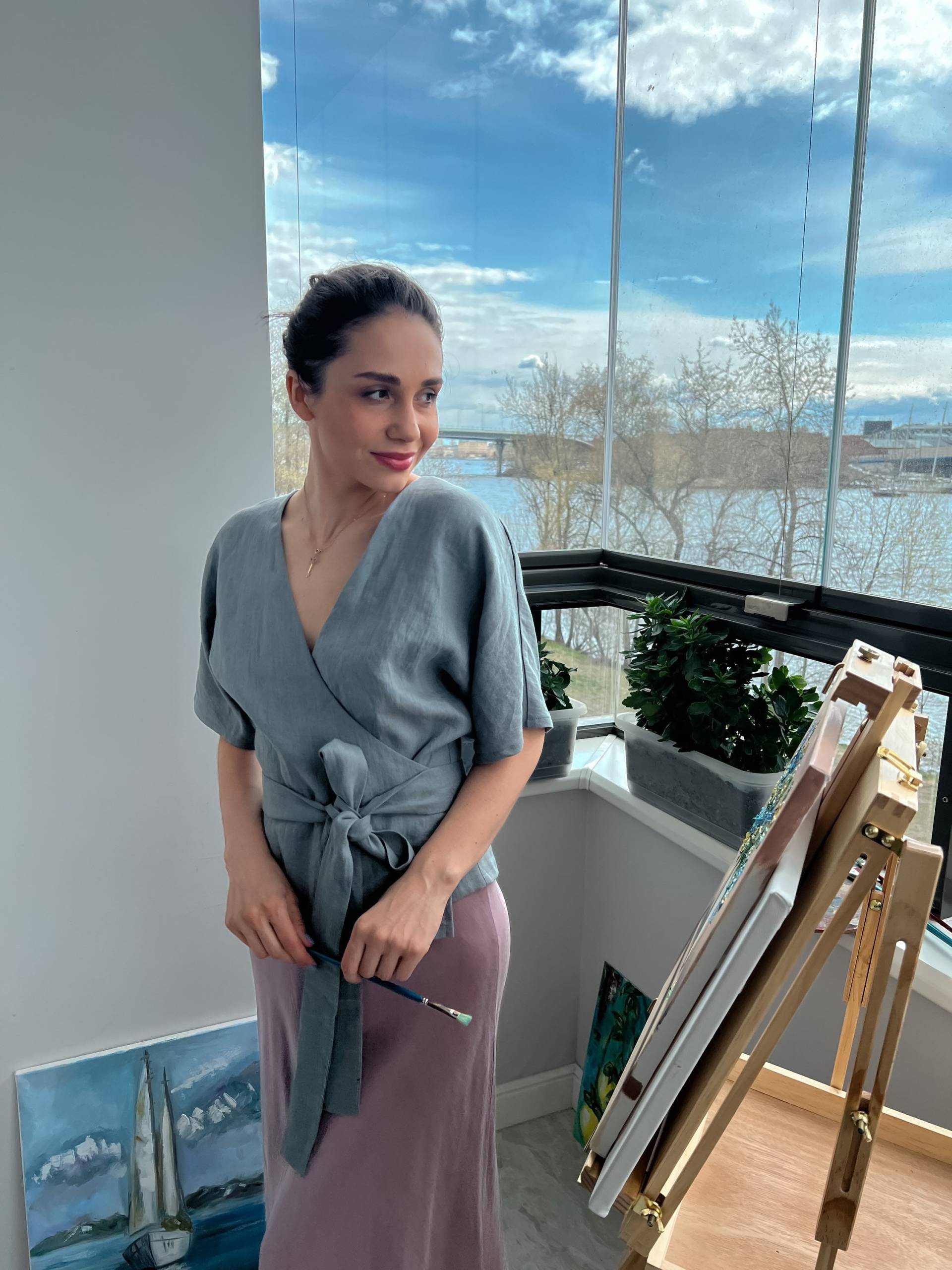 Leinen Wickeltop, Wickelbluse, Kimono Top, Wrap Crop Graues Leinentop Stefany von Linenlara