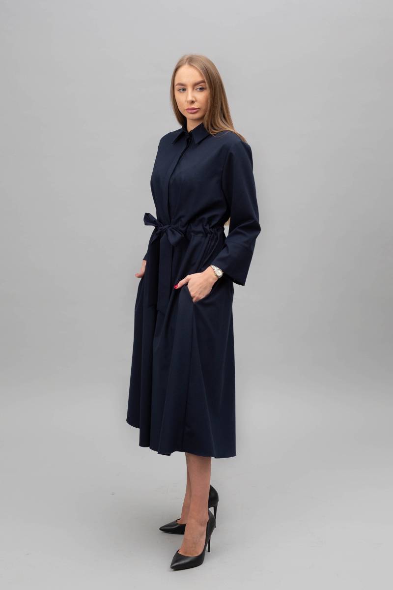 Marineblaues Wollkleid, Fit - Und Flare-Kleid, Kleid Mit Kragen Taschen, Midikleid, Hemdkleid, Boho-Kleid, Lockeres Daiva-Kleid von Linenlara