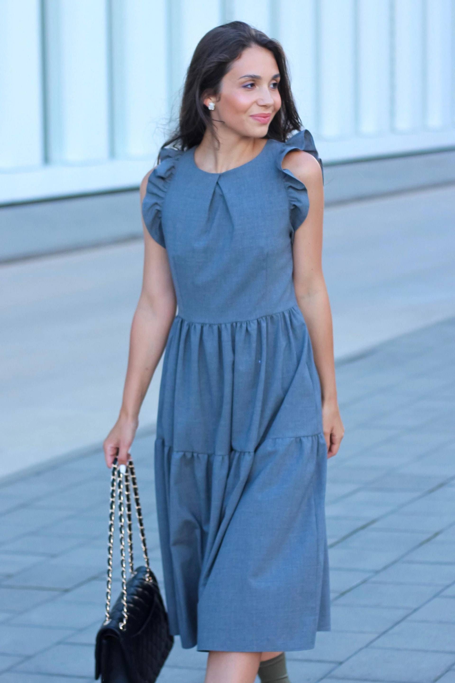 Wollkleid, Fit Und Flare Kleid, Midikleid, Elegantes Kleid Mit Taschen, Swan-Kleid Schmetterlingsärmeln von Linenlara