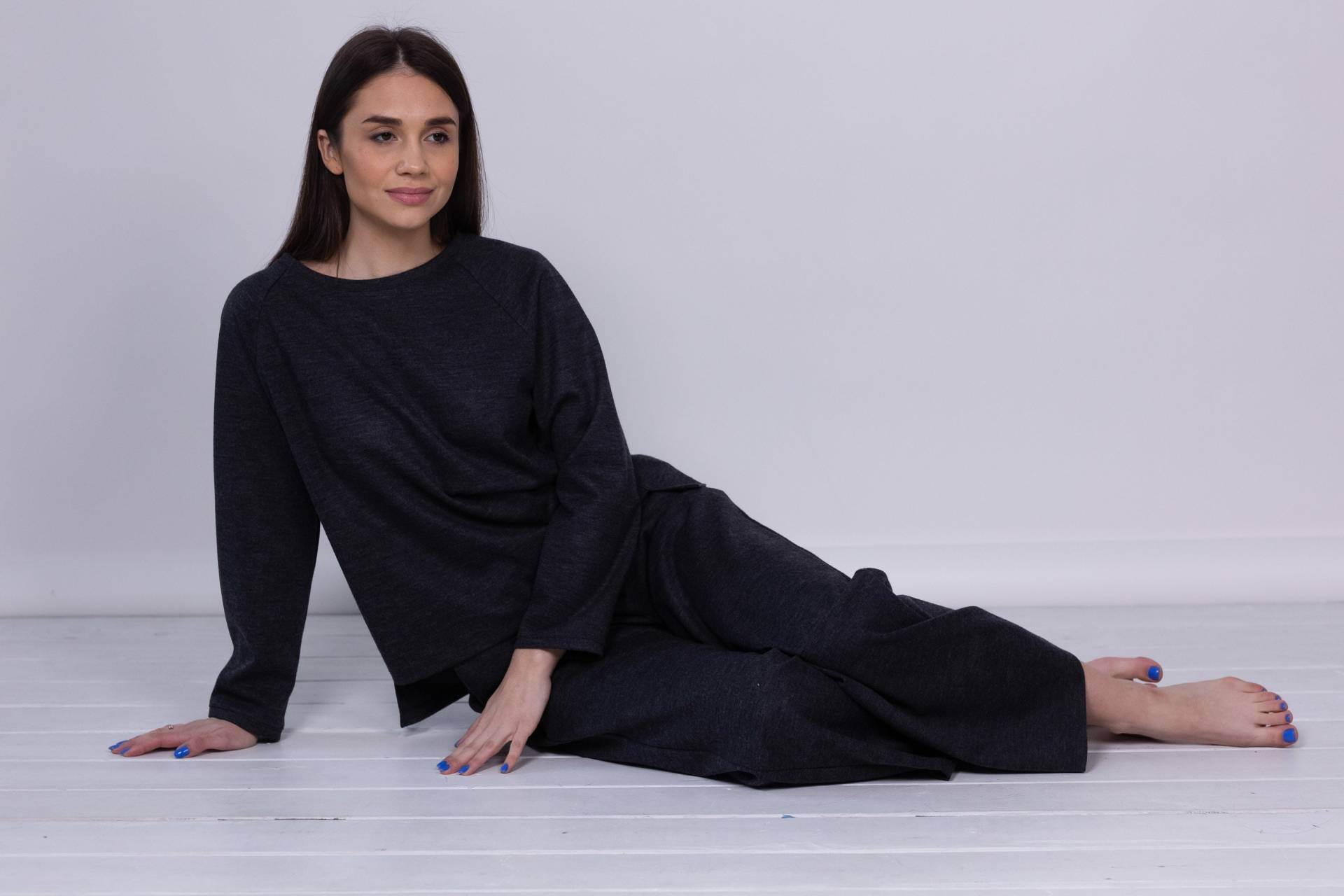 Zwei Stück Set Frauen, Jogginganzug, Grau, Woll Sweatshirt, Wolle Palazzo Hose, Wollbluse, Natürliche Ökowolle, Ruta Wollset von Linenlara