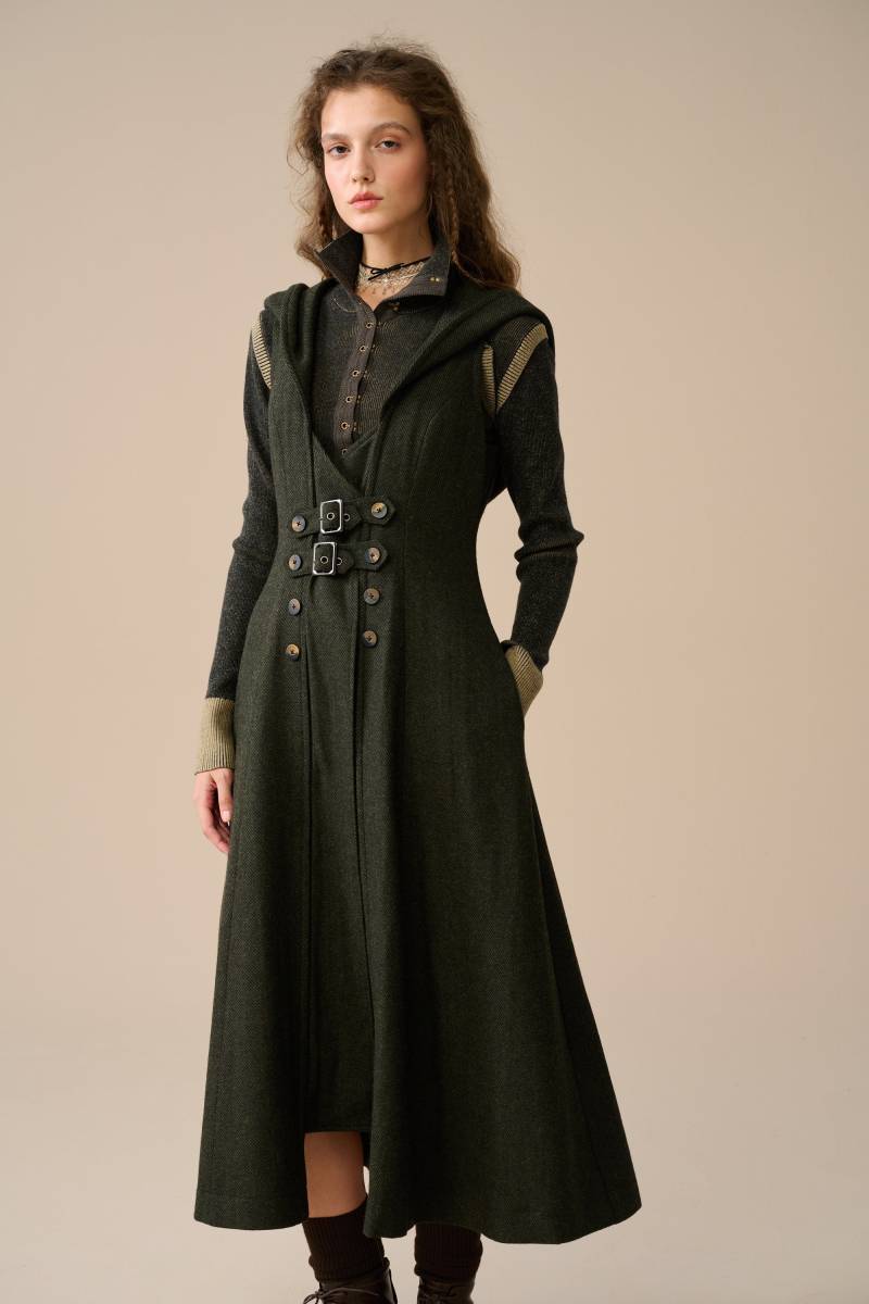 Kapuzen Wollkleid Mantel in Darkslategrey, Frauen Wollkleid, Midi Ärmelloses Herbst Winter Warmes Kleid | Leinen von Linennaive