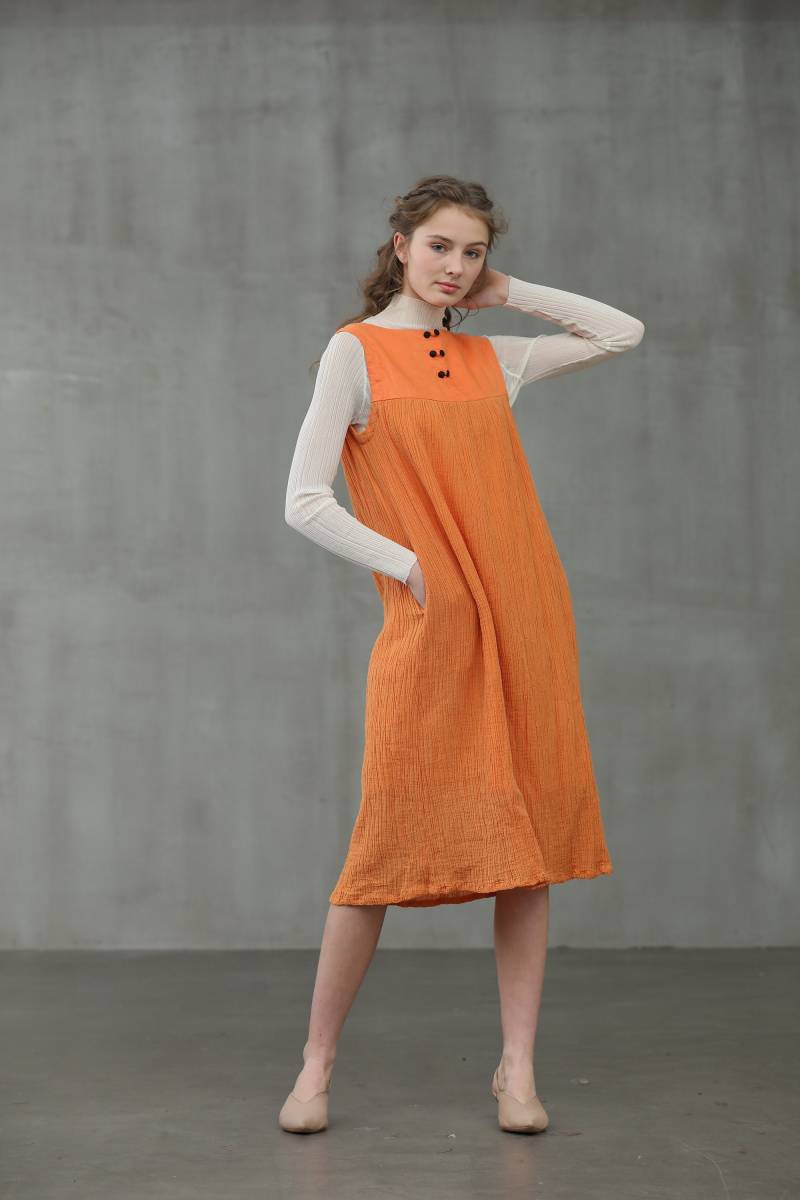 Leinenkleid in Orange, Leinenpullover, Kariertes Ärmelloses Kleid | Leinenstoff von Linennaive
