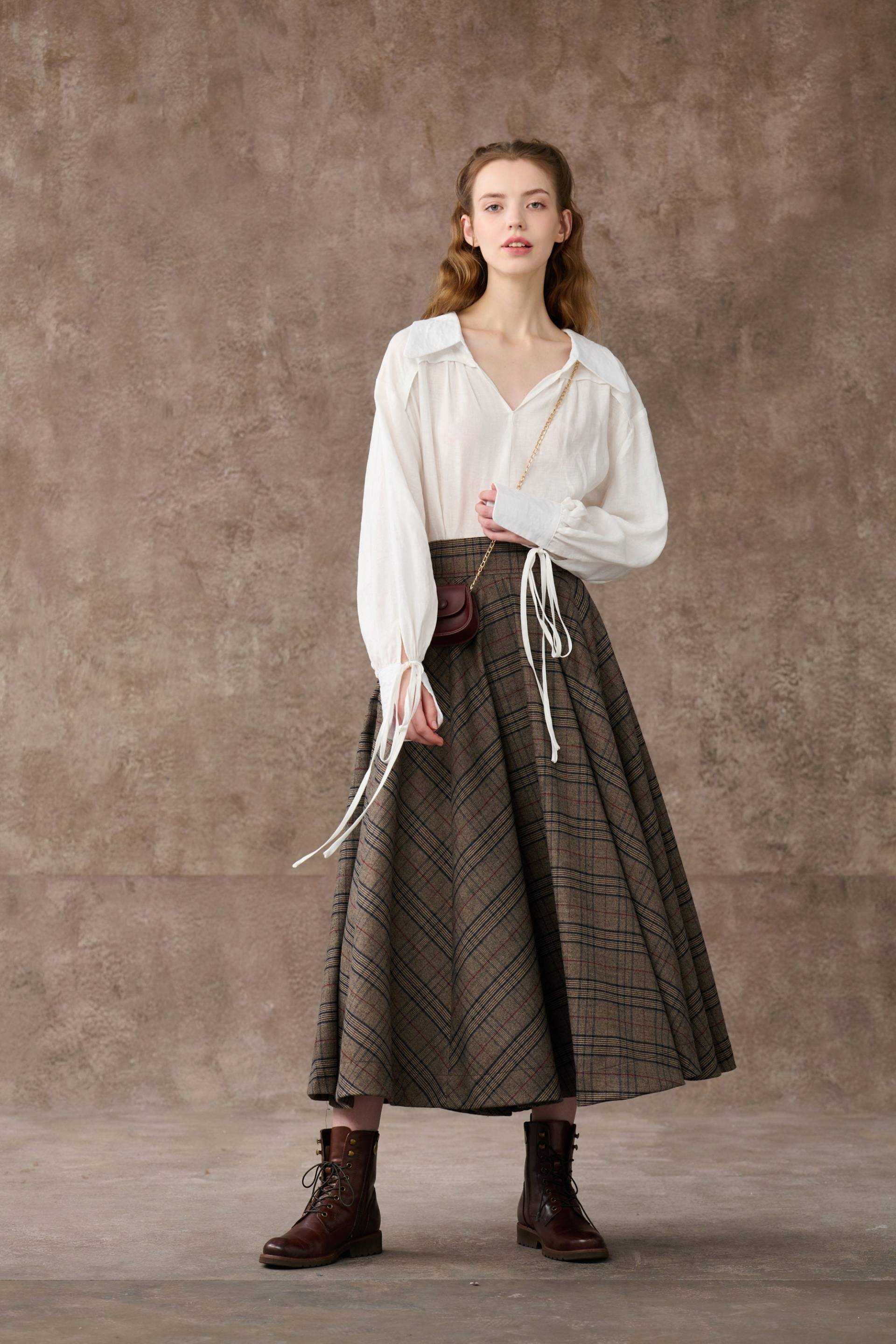 Tartan Wollrock in Braun, Maxi Wollrock, Vintage Hohe Taille Rock, A-Linie Mit Taschen | Leinen von Linennaive