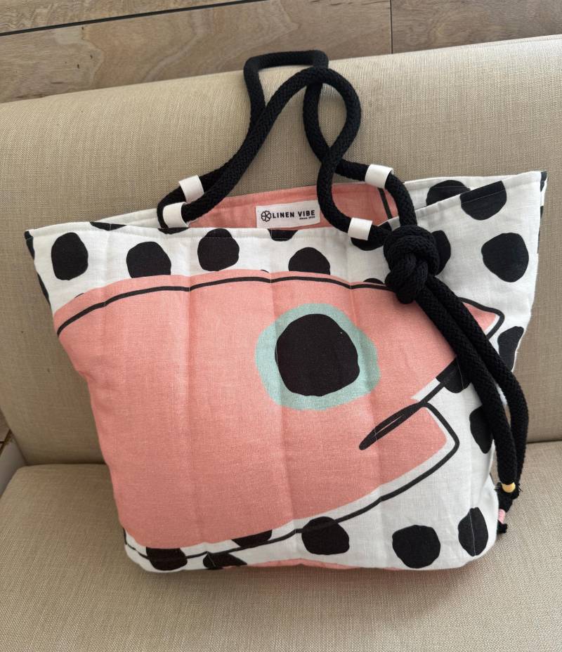 strandtasche Patchwork, Punkte, Leinen, Baumwollseil-Griffe von Linenvibe