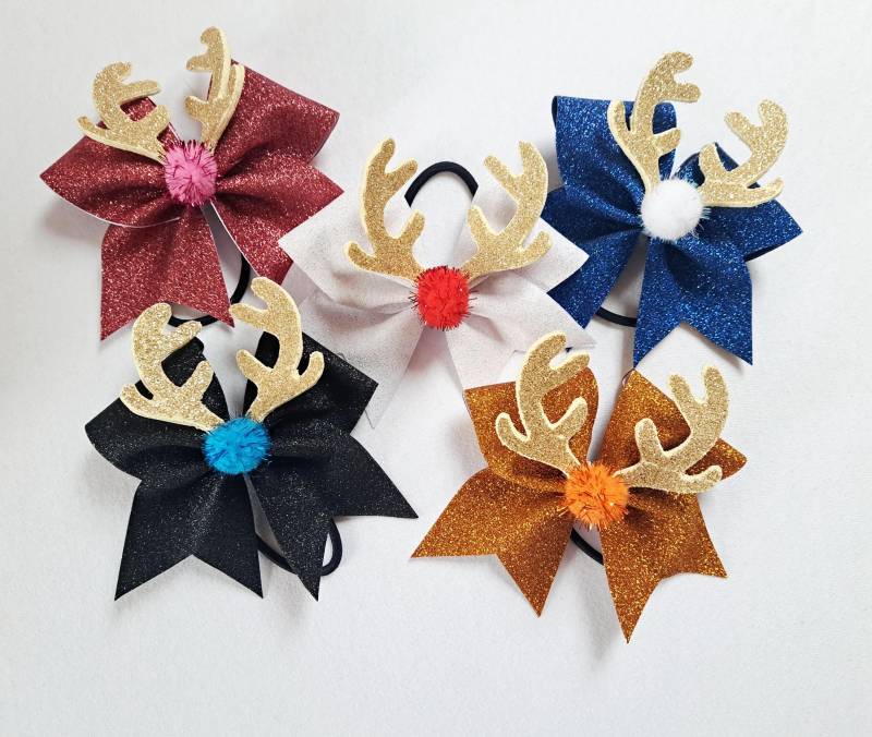Cute Reindeer Mini Cheer Hairtie Bow in Customizable Colors With Antlers-Perfect As A Gift For Your Bestie, Coach Or Secret Santa von Linesschleifen
