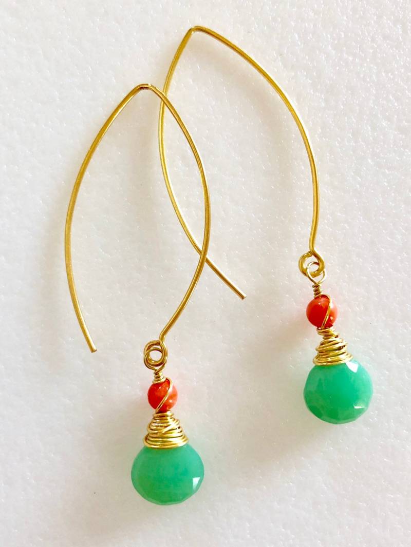 Chrysopras Ohrringe, Grüne Koralle Apfelgrün Edelstein, Mai Birthstone, Braut, 24K Gold Vermeil von Linettesjewelrychest