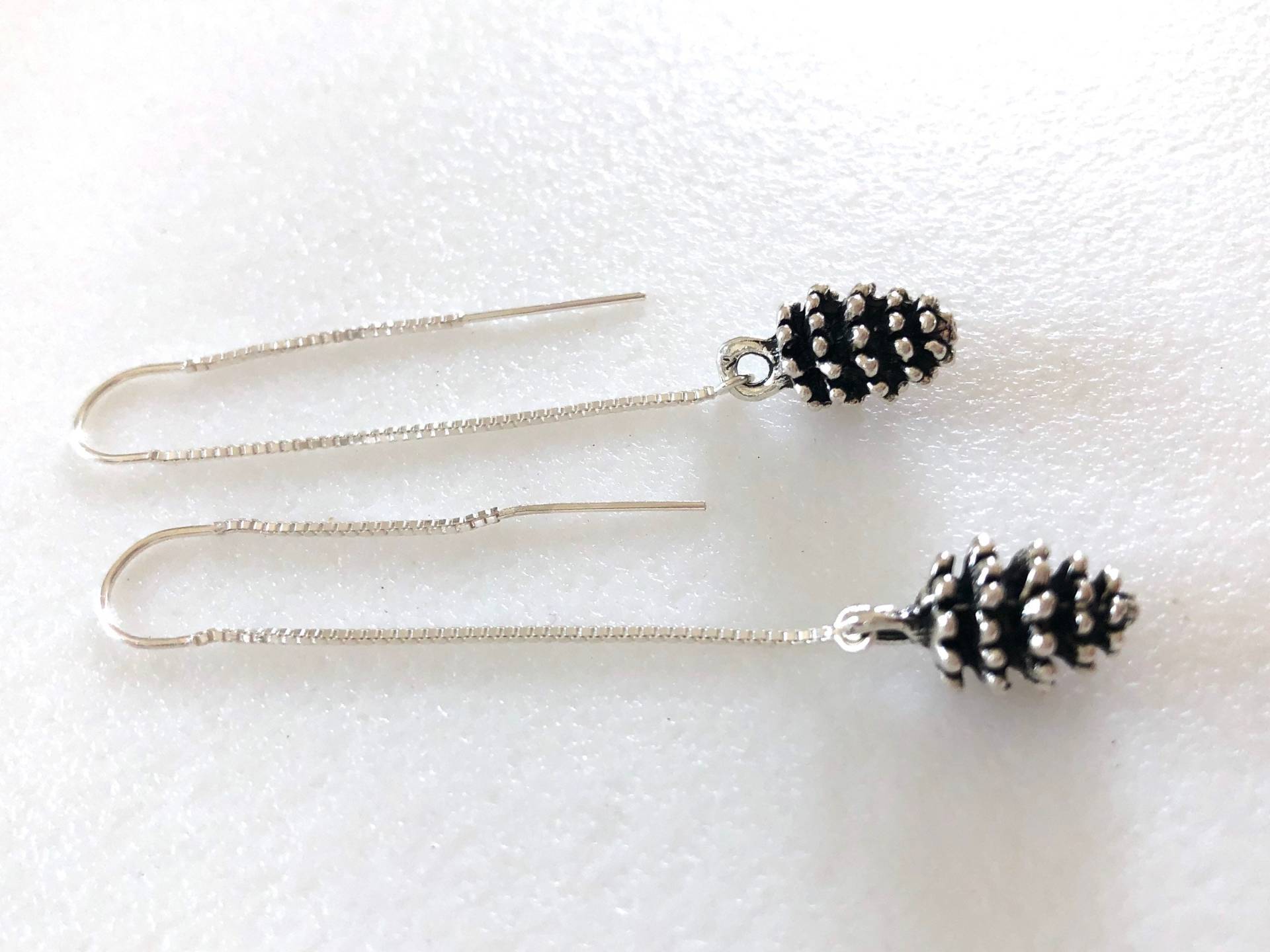 Einfädler Ohrringe, Silber Zinn Pinecones, Sterling Box Kette, U-Einfädler, Winter Hochzeit, Weihnachten, 925 von Linettesjewelrychest