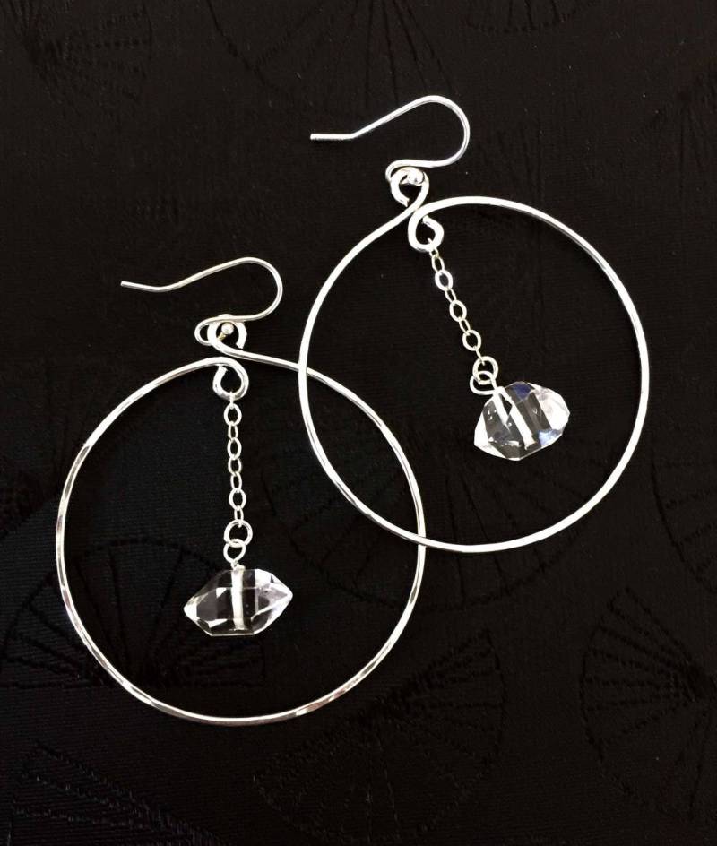 Herkimer Ohrringe, Diamant April Geburtsstein, Große Creolen Edelsteine, Natürlicher Quarz, Sterling Silber, Braut Ohrring von Linettesjewelrychest