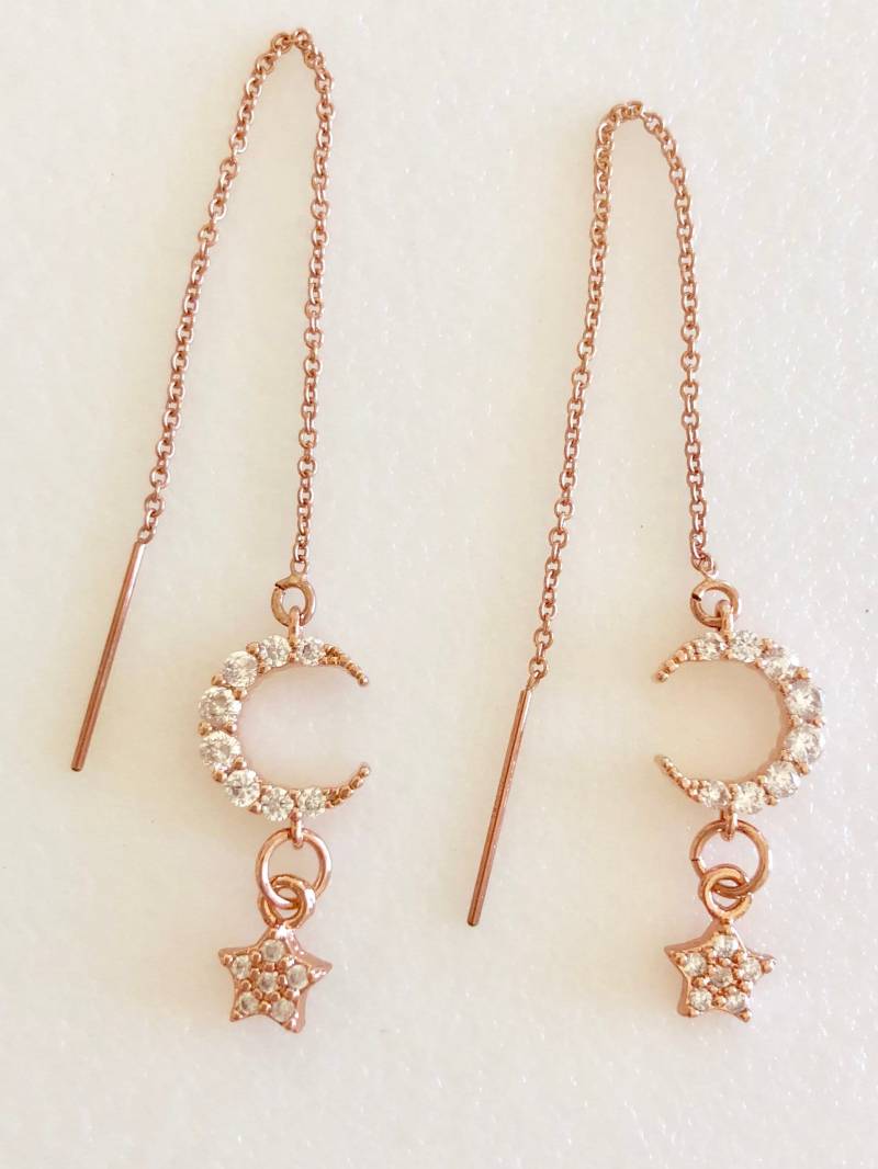 Rose Gold Halbmond Ohrringe, Zarte Einfädler Cz-Mond-Charms, Cz-Stern, Mond Und Sterne, Braut, 14 K Füllen von Linettesjewelrychest