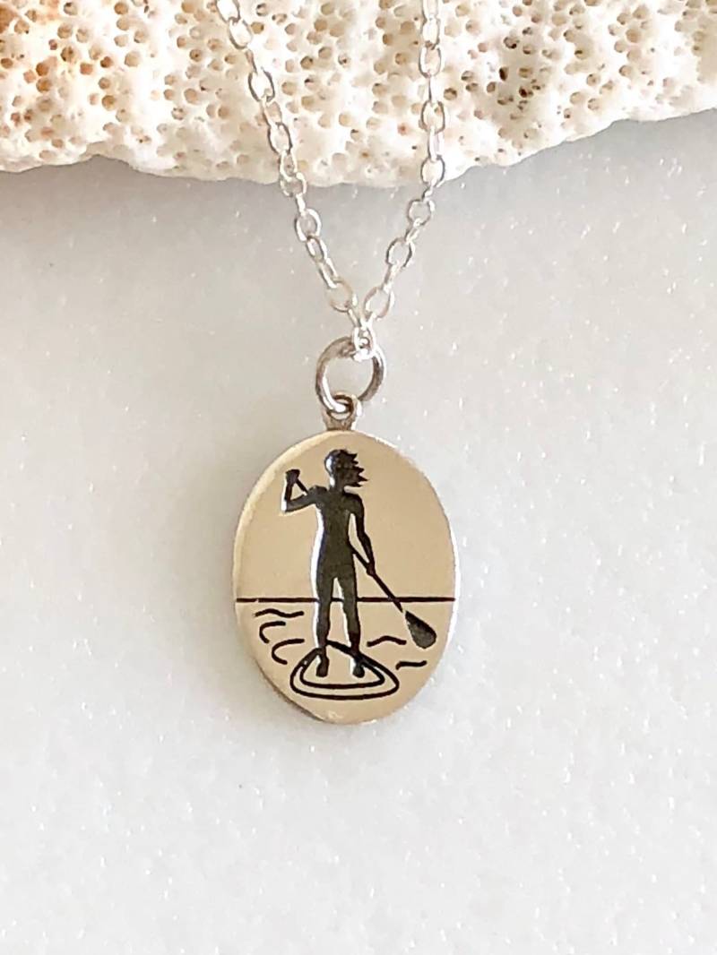 Sup Sterling Silber Halskette, Stand Up Paddle Boarding, Girl, Surf Strand 925 von Linettesjewelrychest