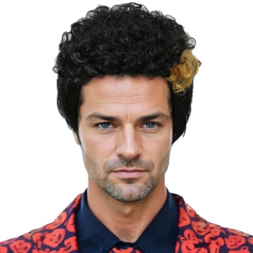 Linfairy Short 80er Kostüme Herren Disco Dirt Bag Schwarz Gelb Perücke Halloween Cosplay Kostüm Curly Perücke von Linfairy