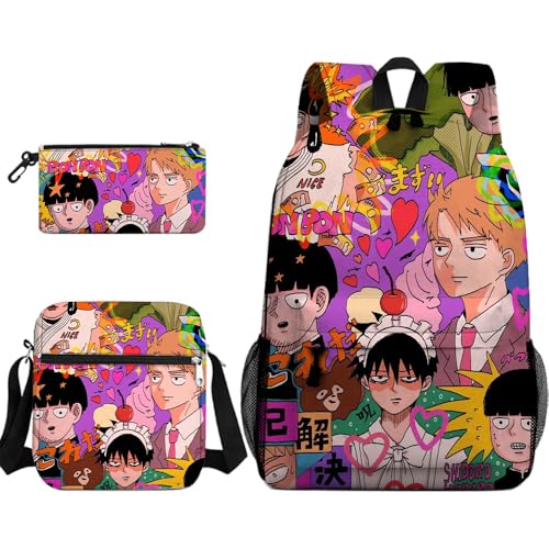 Linfemy Kageyama Shigeo Anime-Rucksack, Federmäppchen-Set, 3D-Druck, Umhängetasche, Schreibwaren, große Kapazität, Schulbedarf, Aufbewahrung, Studenten, 3-teilig, Typ 6, 40 / 23 / 22 CM von Linfemy