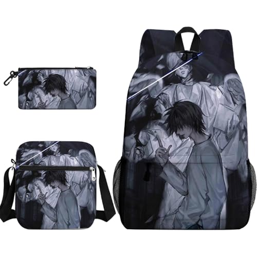 Ryuuku Rucksack / Federmäppchen-Set, leicht, Yagami L, 3D-Druck, Umhängetasche, Schreibwaren, große Kapazität, Schule, Aufbewahrung, Studenten, 3-teilig, Light Yagami (Typ 8), 40 / 23 / 22 CM von Linfemy