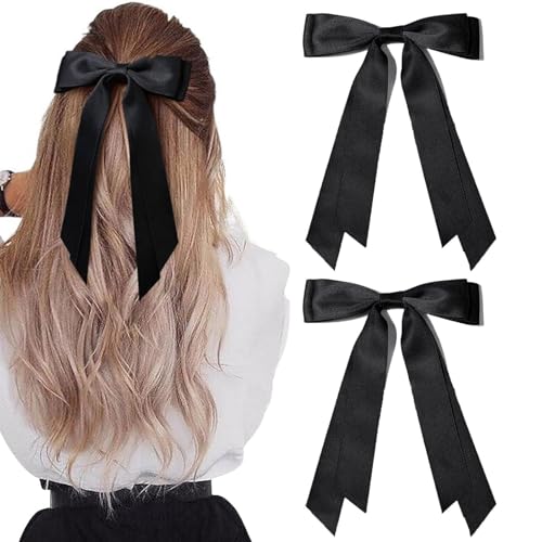 Ling & Bai 2 weiße Haarschleifen, seidige Satin-Schleifen-Clips mit langem Schwanz, Haar-Accessoires für Damen und Mädchen (schwarz) von Ling & Bai