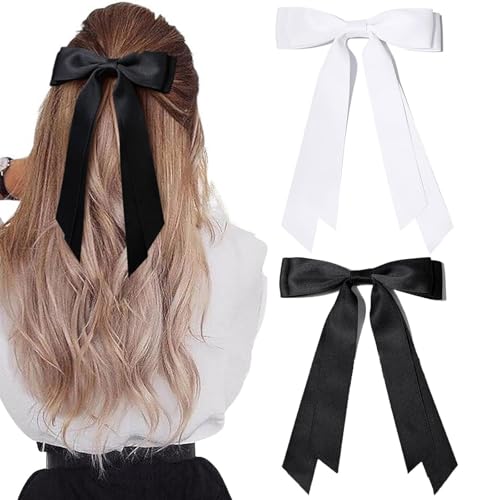 Ling & Bai 2 weiße Haarschleifen, seidige Satin-Schleifenklammern, Schleife mit langem Schwanz, Haarschmuck für Damen und Mädchen (schwarz, weiß) von Ling & Bai