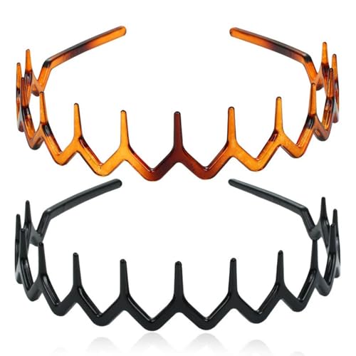 Ling & Bai Zickzack-Stirnbänder, modisches Zahn-Stirnband, verstellbar, Kunststoff, rutschfest, Haifischzahn-Haarbänder für Damen und Mädchen (Schwarz + Braun, Einheitsgröße), 2 Stück von Ling & Bai