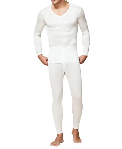LingDooo Herren Unterhose aus reiner Seide, Winterunterwäsche, Thermounterwäsche, lange Unterhose, V-Ausschnitt, Seidenhemd + Hose - Weiß - X-Large(Etikett XXX-Large) von LingDooo