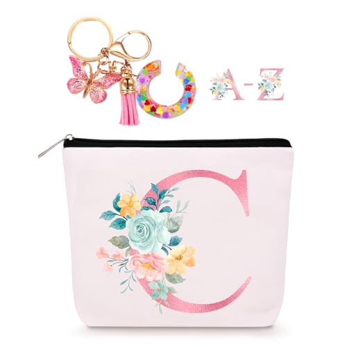 Personalisierte Make-up-Tasche mit Initialen-Schlüsselanhänger, individuelle Reise-Make-up-Tasche, Geburtstagsgeschenke für Frauen, Mädchen, Brautjungfer, Teenager, Lehrer, Monogramm, kleine von Lingdeer