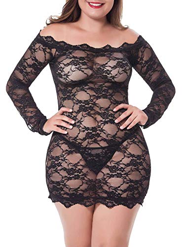 LINGERLOVE Sexy Spitze Negligee Grosse Grössen für Damen Babydoll Dessous Schulterloses Lingerie Nachtwäsche Spitzen-Kleid mit G-String S-4XL von LINGERLOVE