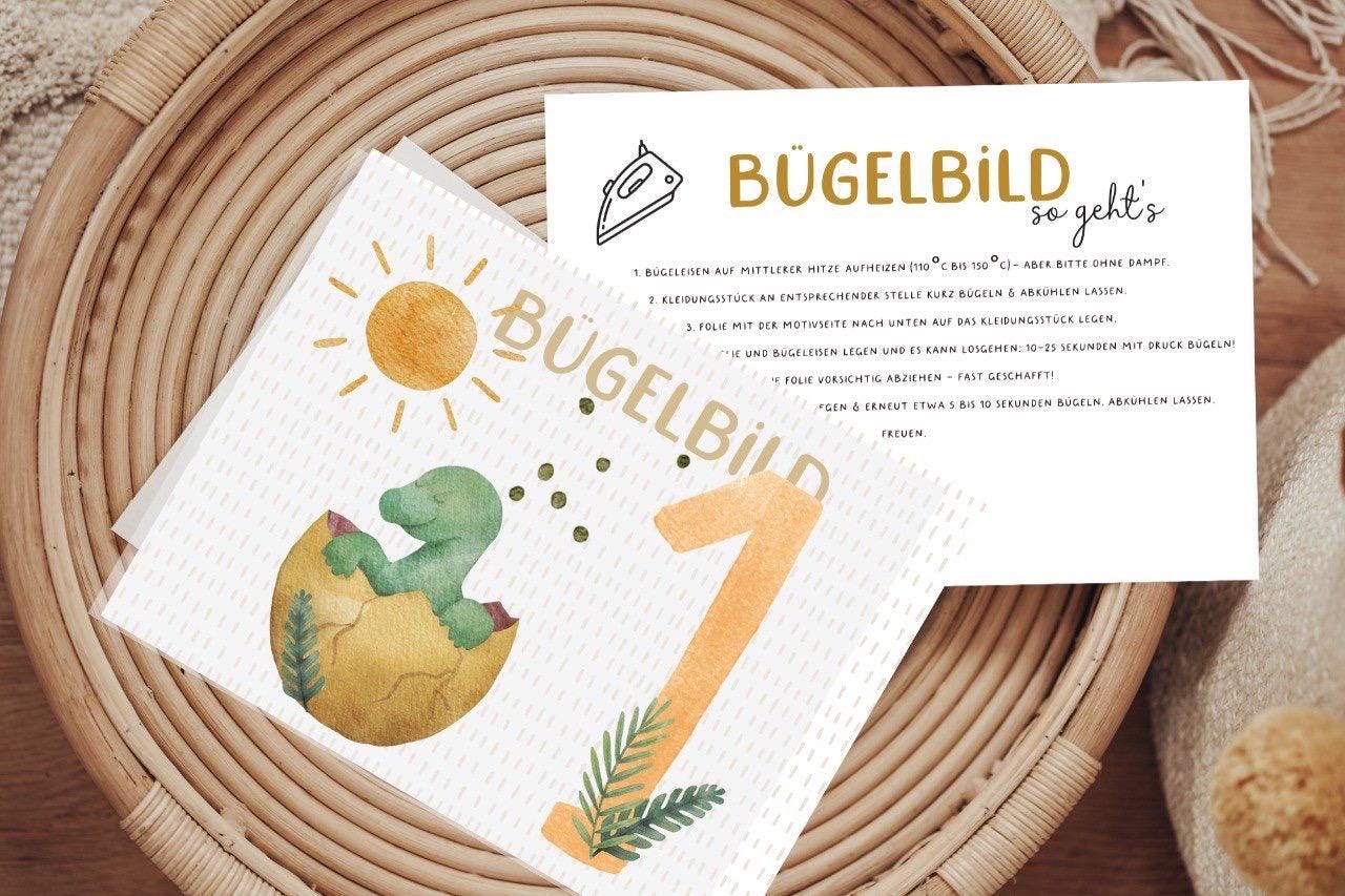 Bügelbild 1. Geburtstag Dinoei Babydino Dinosaurier Geburtstagsshirt Erster Zahl Aufbügler Patch von Lingerei