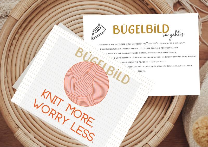Bügelbild Knit More Worry Less Stricken Handarbeit Aufbügler Patch von Lingerei