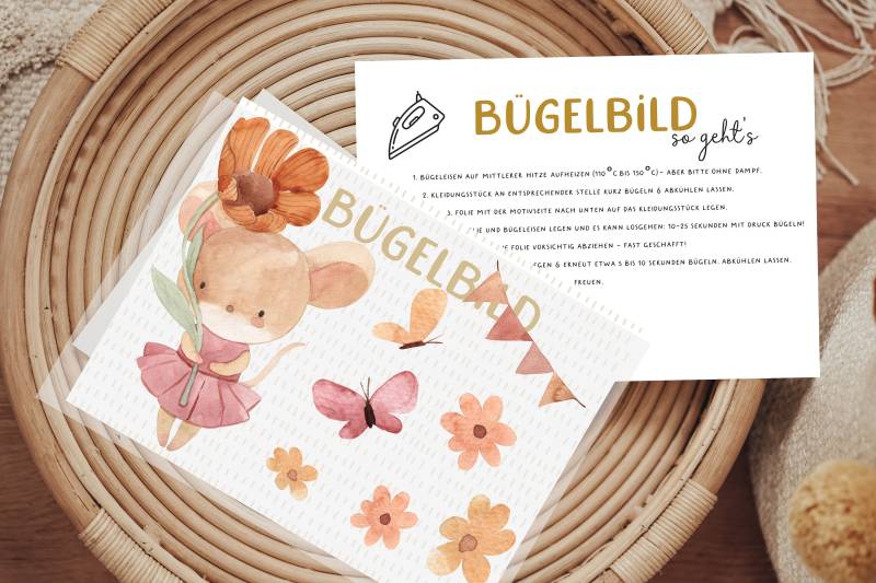 Bügelbild Maus Mäusekind Blume Mäusemädchen Schmetterling Aufbügler Patch von Lingerei