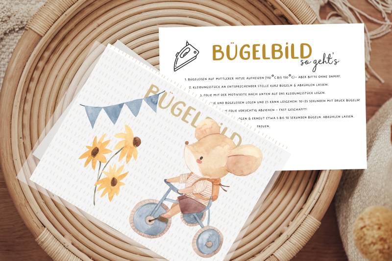 Bügelbild Maus Mäusekind Dreirad Wimpel Aufbügler Patch von Lingerei