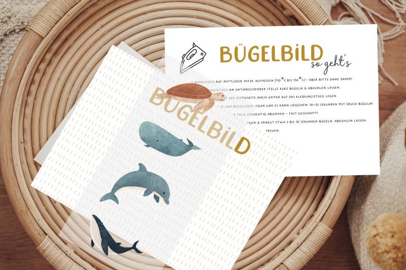 Bügelbild Meeresminis 2 Wal Delphin Schildkröte Ostern Herbst Aufbügler Patch von Lingerei