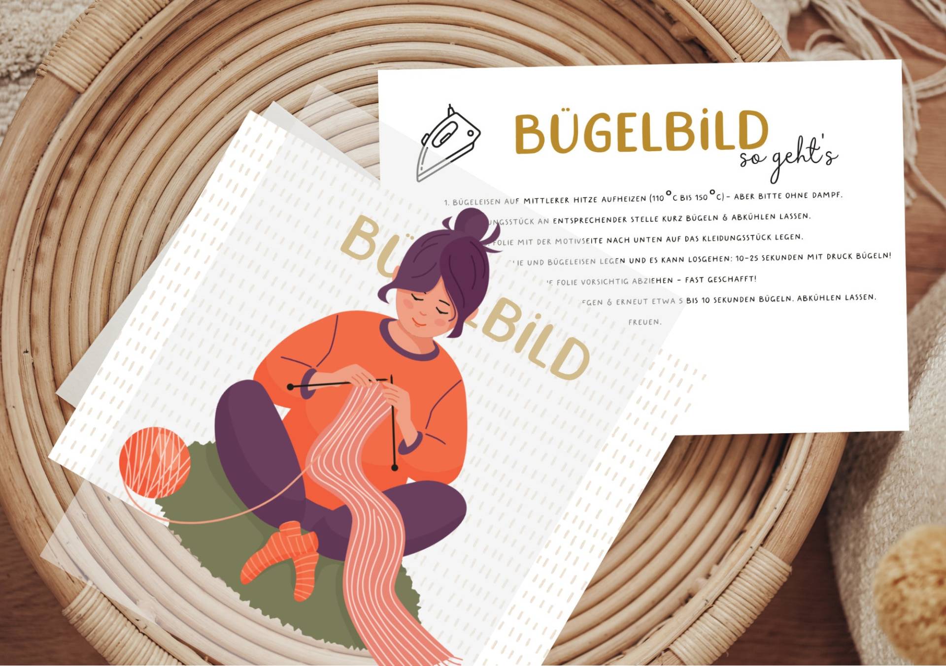 Bügelbild Strickerin Wolle Frau Aufbügler Patch von Lingerei