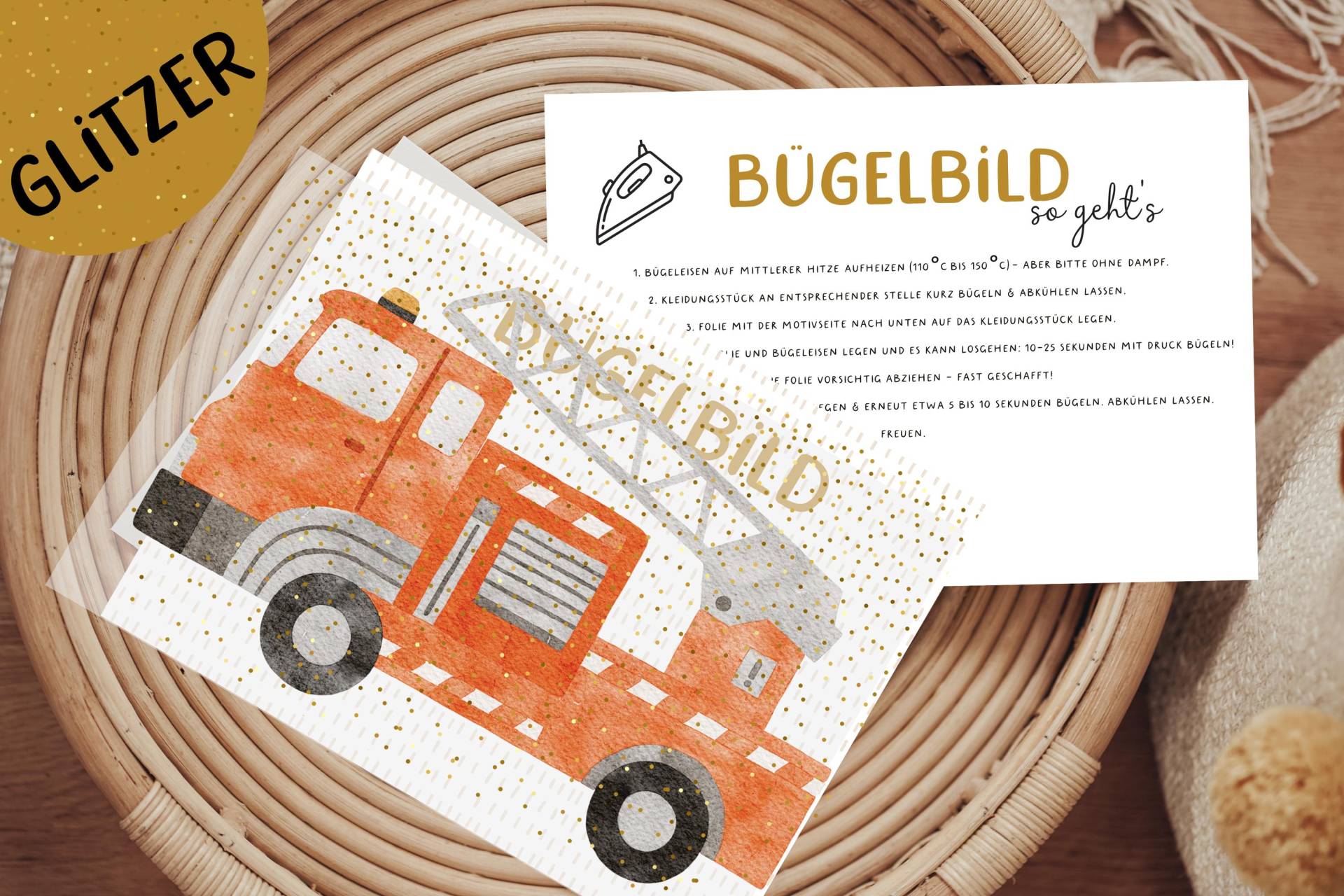 Glitzer Bügelbild Feuerwehr Auto Geburtstagsshirt Adventskalender von Lingerei