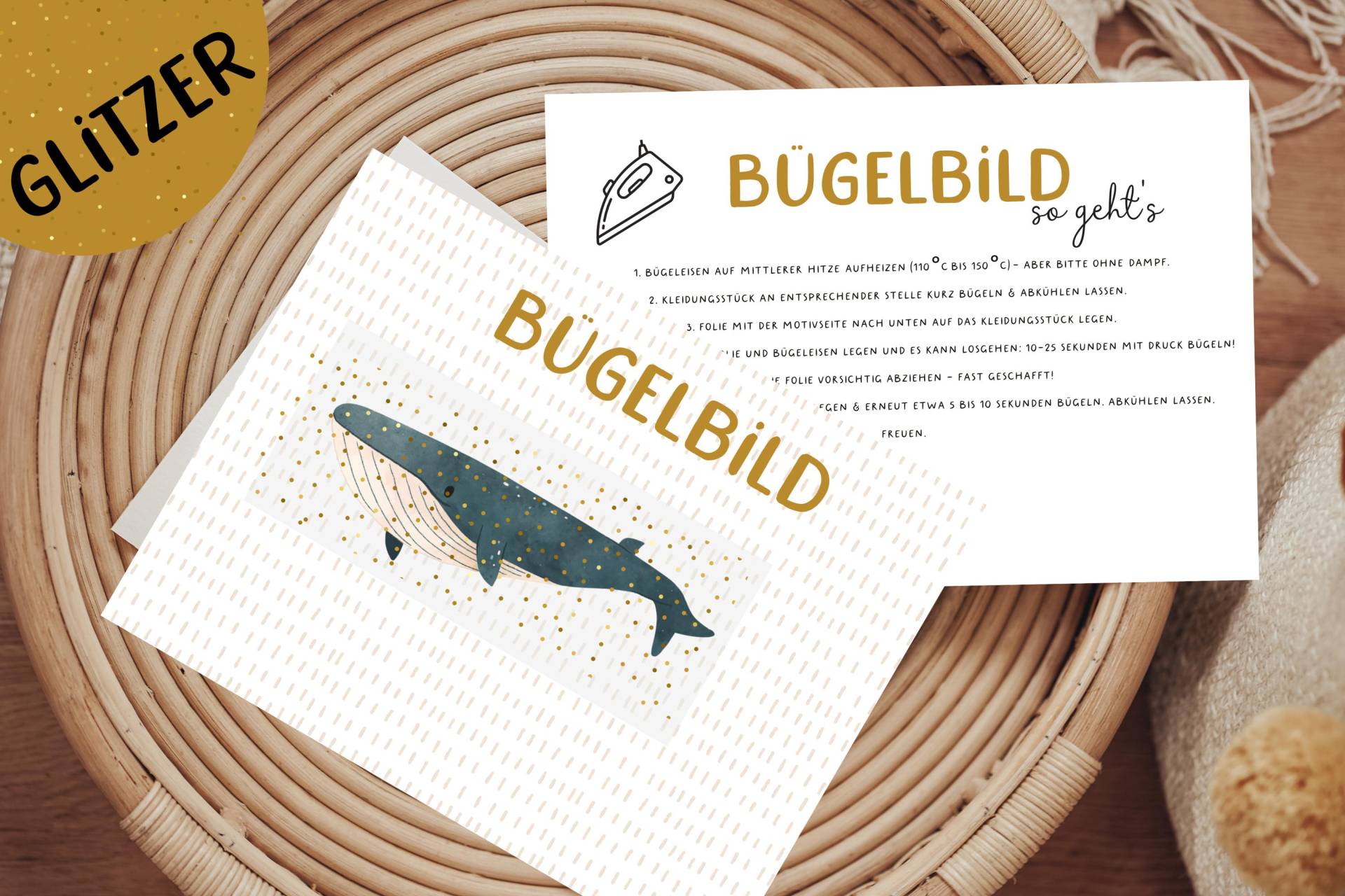 Glitzer Bügelbild Kleiner Freundlicher Wal Blauwal Geburtstagsshirt Adventskalender von Lingerei