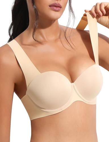 Lingesxy Gepolsterter Push-Up-BH, breite Träger, nahtloser Stretch-Bügel, Lift-Up-T-Shirt-BHs, fügen Sie 2 Körbchen hinzu, Beige BH, 80E von Lingesxy