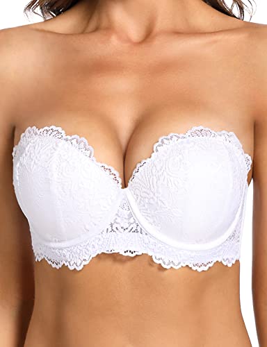 Lingesxy Trägerloser Push-Up-Balkonette-BH mit konvertierbarer Spitze, gepolsterter Multiway-Bügel-BH mit transparenten Trägern, 2 Körbchen hinzufügen, Weiss/opulenter Garten, 95A von Lingesxy