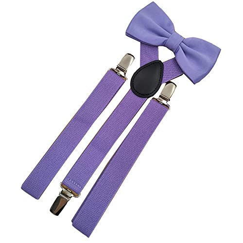 Linghe Jungen & Mädchen Krawatte Anzug mit Hosenträgern-Elastische Stretch Strap Clips Y-förmig Einstellbare Dreifach-Clips Kinder Hosenträger Clips Fliege Set (Helles Lila) von Linghe