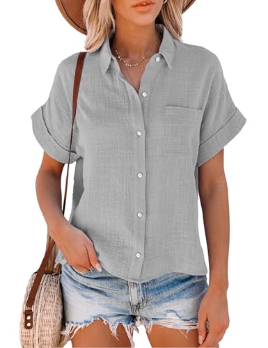 Lingjiazi Damen-Shirt, Baumwolle, Leinen, kurzärmelig, Knopfleiste, lässig, V-Ausschnitt, einfarbige Blusen, GRAU, Mittel Lingjiazi Damen-Shirt, Baumwolle, Leinen, kurzärmelig, Knopfleiste, lässig, V-Ausschnitt, einfarbige Blusen, GRAU, Mittel von Lingjiazi