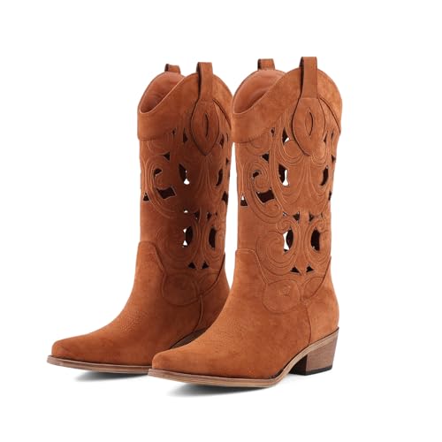 LingxiaUne Damen Cowboystiefel Braun - Exquisites Cutout Design Mid Heel Wildleder Stiefel für stilvolle Vielseitigkeit, Braun, 39.5 EU LingxiaUne Damen Cowboystiefel Braun - Exquisites Cutout Design Mid Heel Wildleder Stiefel für stilvolle Vielseitigkeit, Braun, 39.5 EU von LingxiaUne
