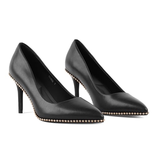 LingxiaUne Damen Schwarz Spitz - Zehe Stiletto Heels - Elegante Gold Nieten Verziert High Heel Kleid Schuhe für Büro & formelle Anlässe, Schwarz, 40 EU LingxiaUne Damen Schwarz Spitz - Zehe Stiletto Heels - Elegante Gold Nieten Verziert High Heel Kleid Schuhe für Büro & formelle Anlässe, Schwarz, 40 EU von LingxiaUne