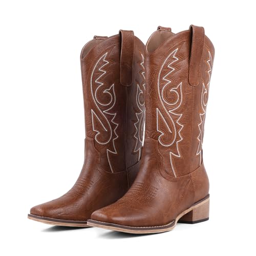 LingxiaUne Damen Western Cowboystiefel - aufwendige weiße Naht Mid - Wade Stiefel mit Holzabsatz, Braun, 38.5 EU LingxiaUne Damen Western Cowboystiefel - aufwendige weiße Naht Mid - Wade Stiefel mit Holzabsatz, Braun, 38.5 EU von LingxiaUne